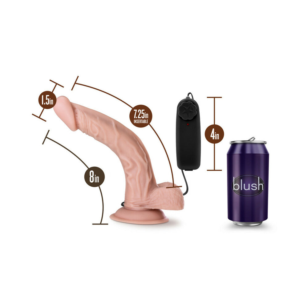 Dr Skin Dr Sean Realistic 8 inch Vibrating Dildo with Balls Beige dimensions with remote and can for scale