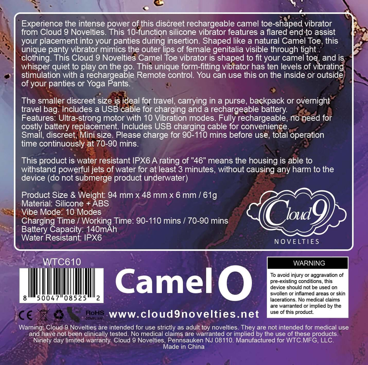Cloud 9 Camel Toe Shaped Vibrator With Remote back packaging features, dimensions, and technical specifications.