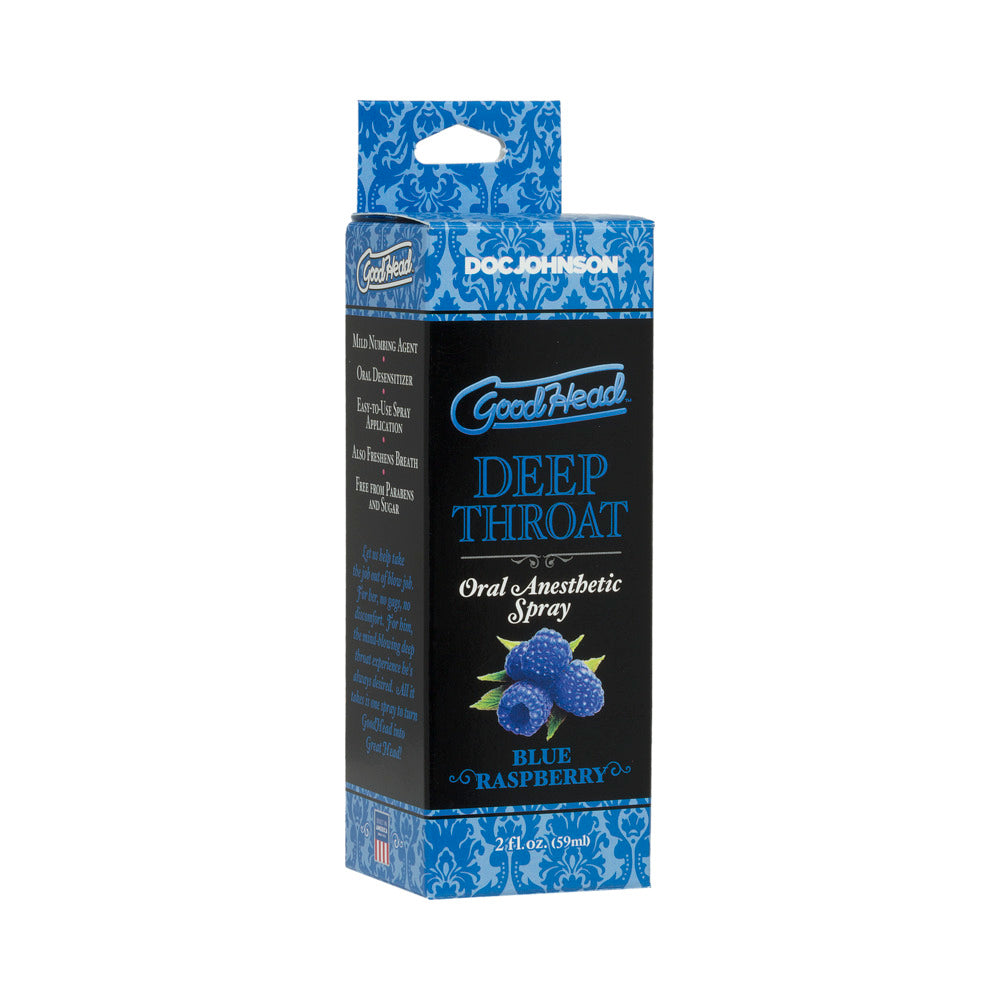 GoodHead Deep Throat Spray Blue Raspberry packaging, 2 fl. oz., oral anesthetic spray by Doc Johnson.