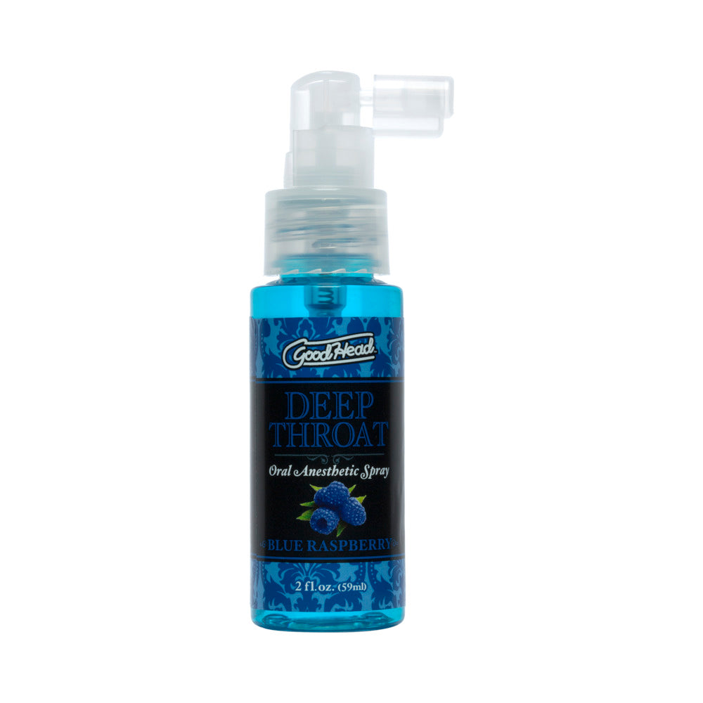 GoodHead Deep Throat Spray Blue Raspberry bottle for enhancing oral pleasure, 2 fl oz size, easy-to-use design.