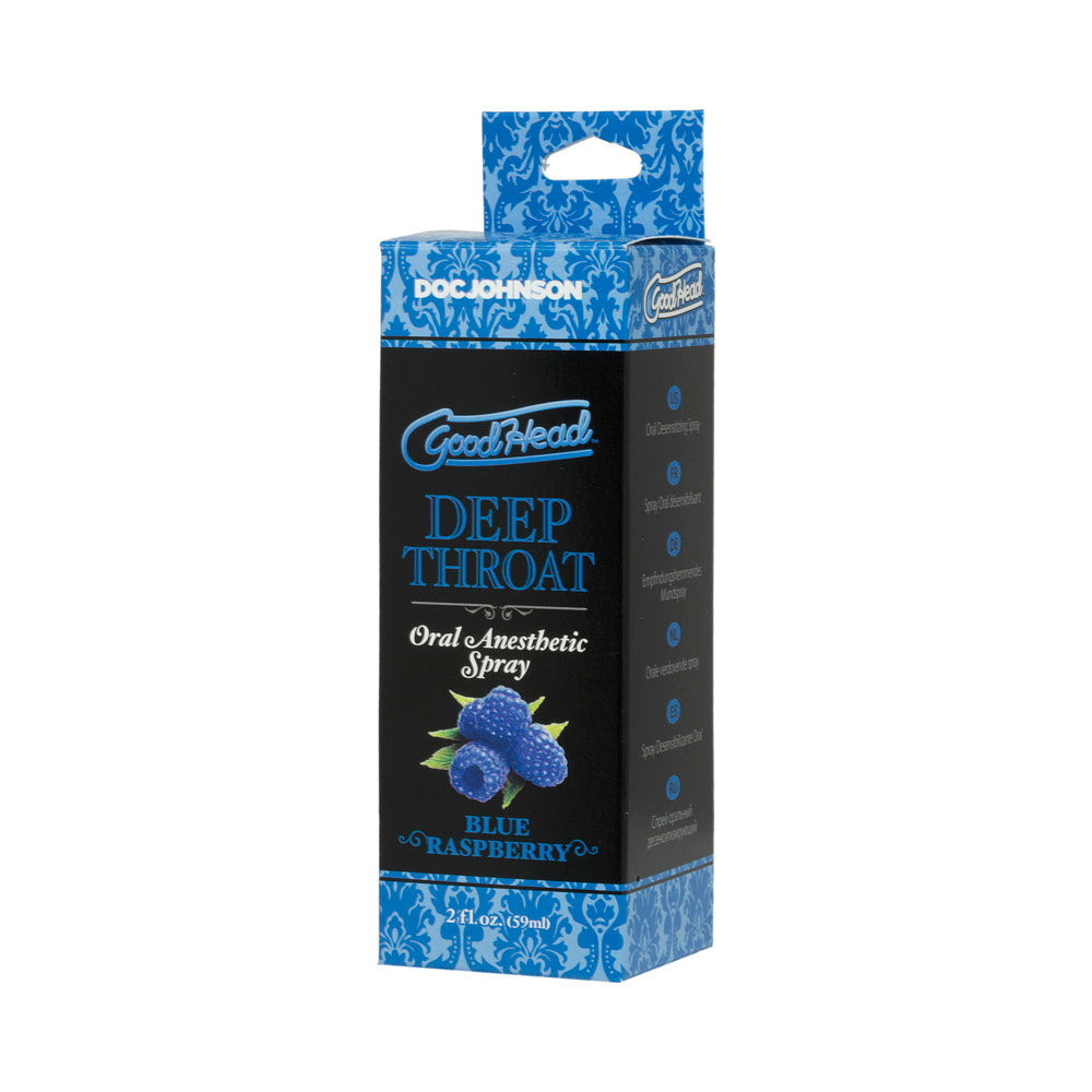 GoodHead Deep Throat Spray Blue Raspberry packaging with blueberries, for enhancing oral pleasure, 2 fl oz.