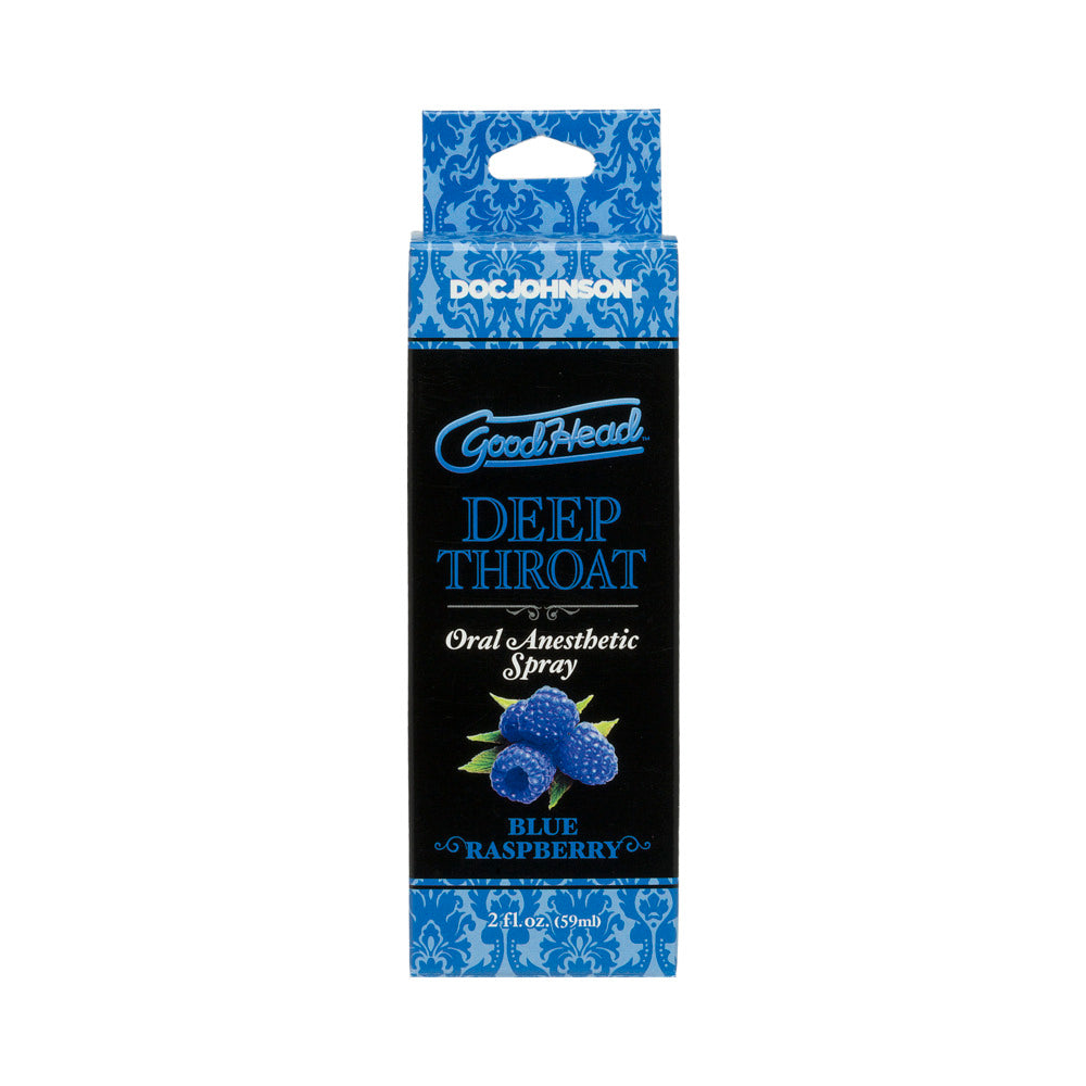 GoodHead Deep Throat Spray Blue Raspberry packaging featuring a vibrant design and 2 fl. oz. size.