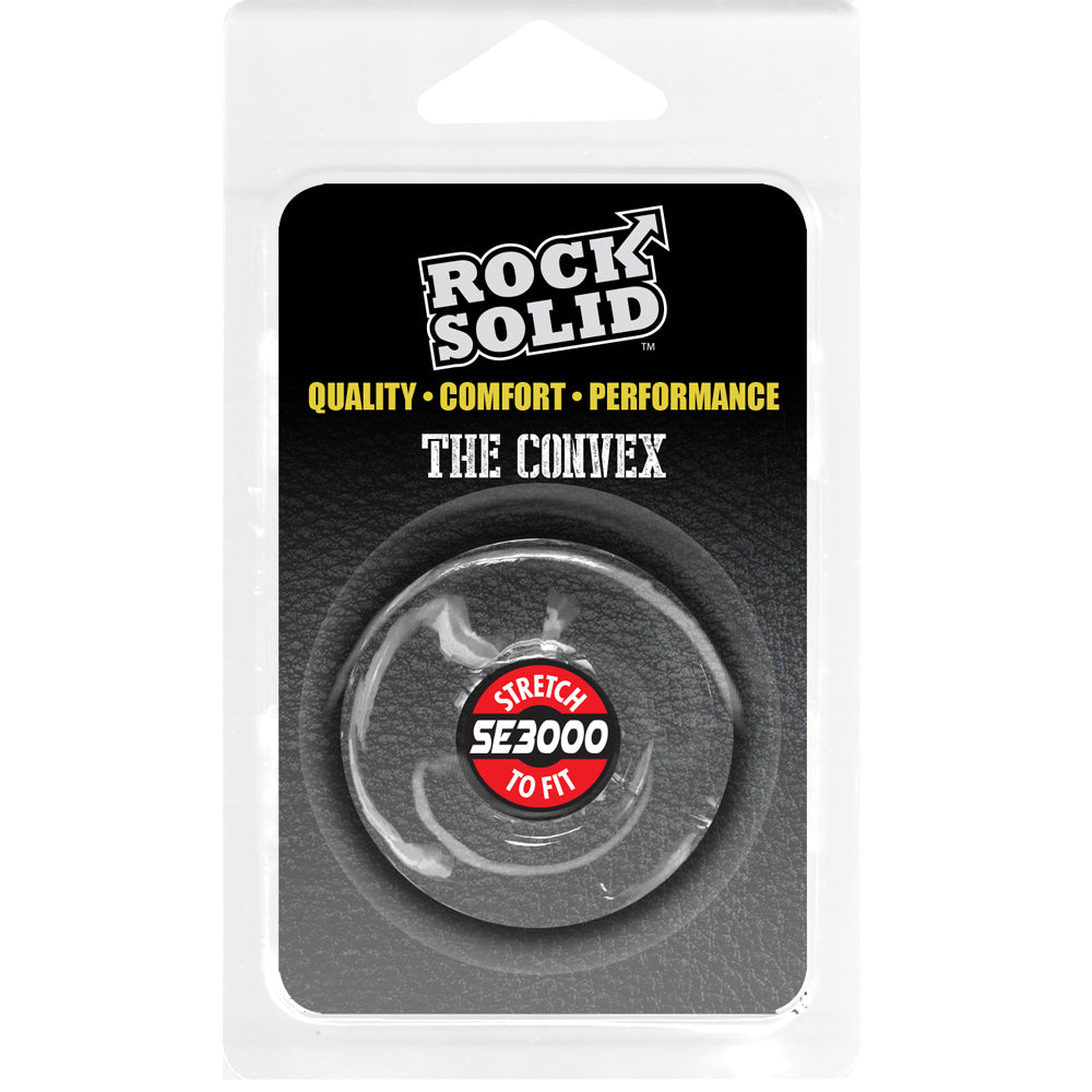 Rock Solid Convex Clear Elastomer Cock Ring packaging featuring SE3000 material for comfort and performance.