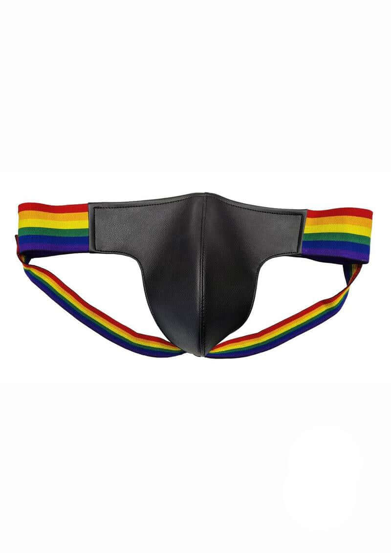 Rouge Leather Jock with Pride Stripes Xtra Large Multicolor featuring vibrant pride stripes and leather design.
