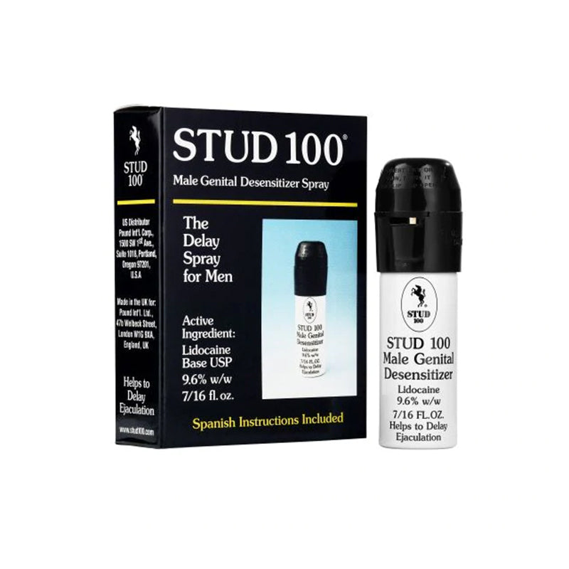 Stud 100 Desensitizing Spray 0.5 Oz packaging and bottle, a delay spray for men to help reduce sensitivity.