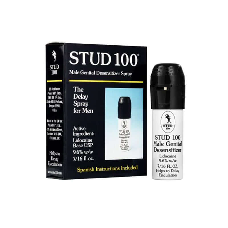 Stud 100 Desensitizing Spray 0.5 Oz packaging and bottle, a delay spray for men to help reduce sensitivity.