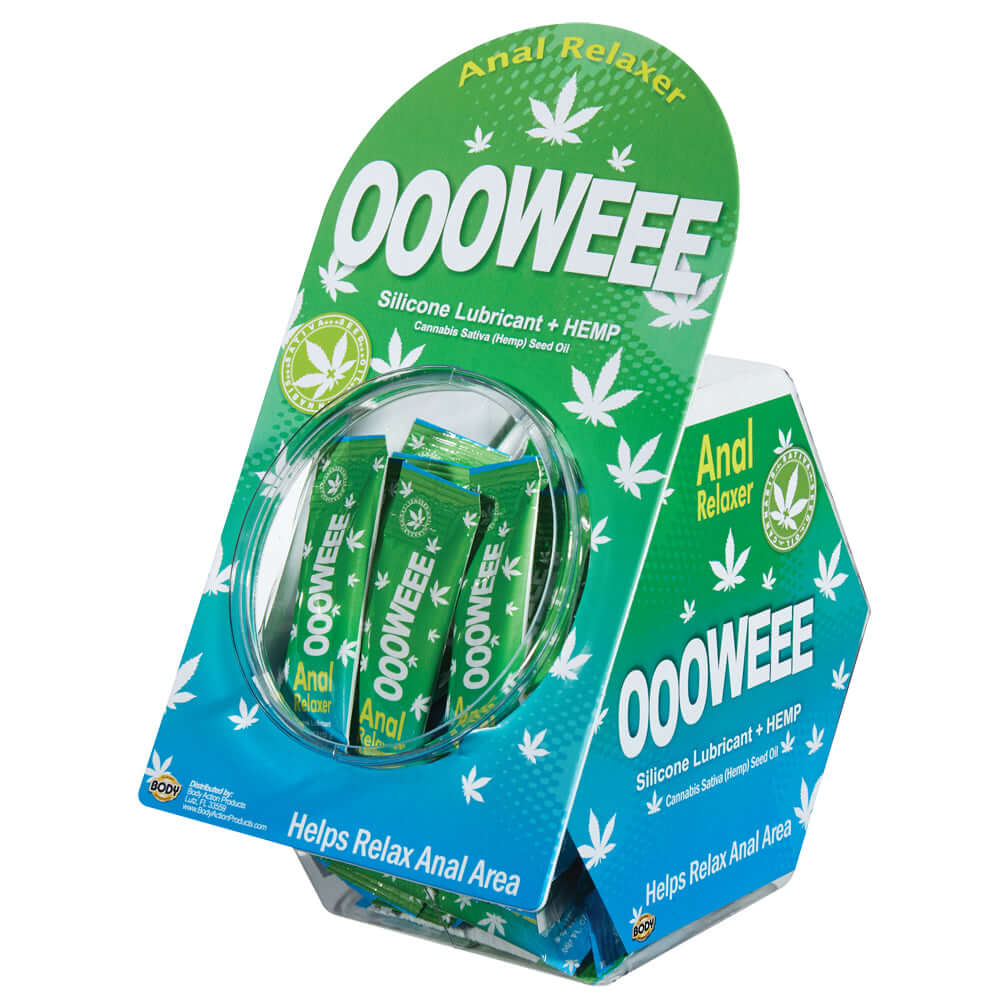 Oooweee Sample Packet Fishbowl 50 Count packaging featuring anal relaxer and silicone lubricant.