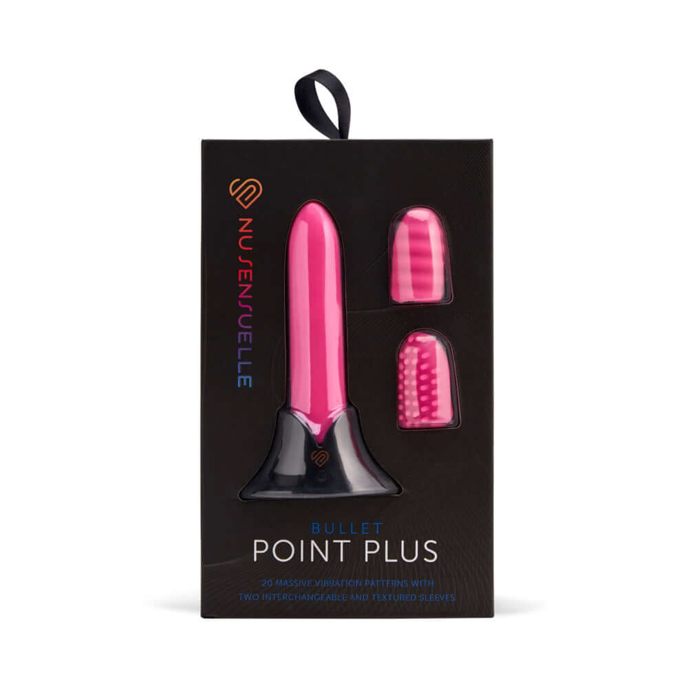 Nu Sensuelle Point Plus Bullet with Sleeves Pink packaging featuring a bullet vibrator and textured sleeves.