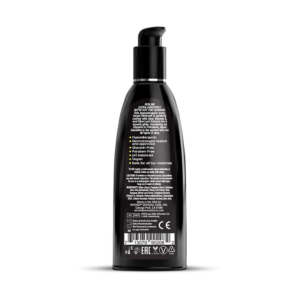 Wicked Aqua Sensitive Water-Based Lubricant 8.5 Oz bottle back view with ingredient details.