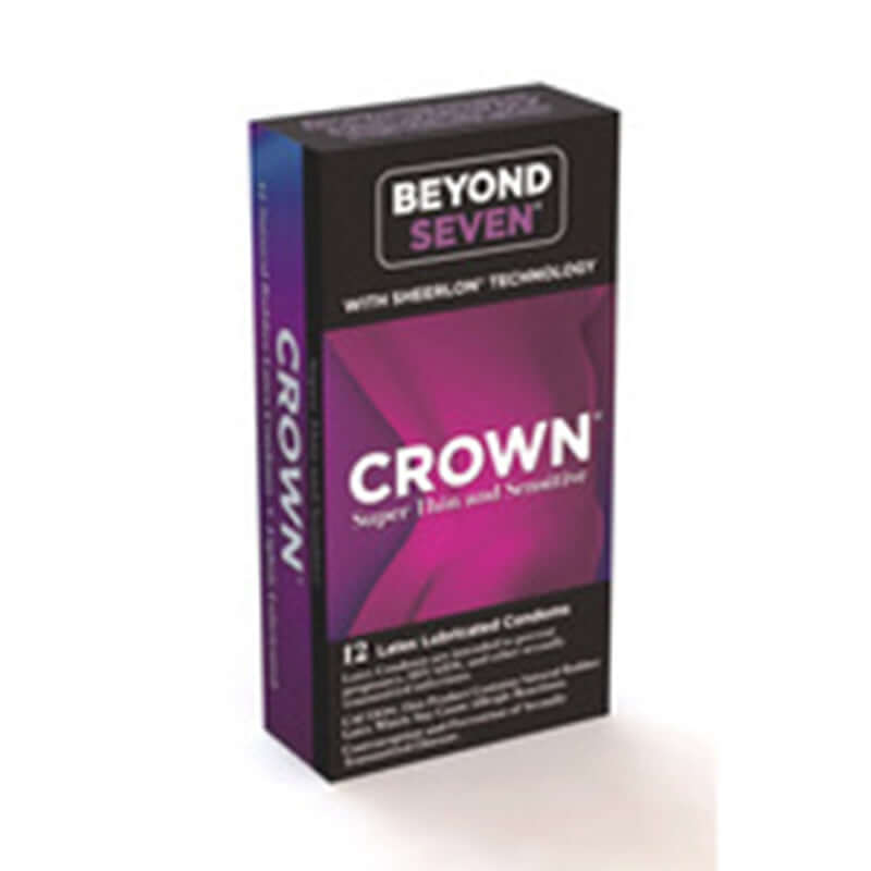 Crown Lubricated Condoms 12 Pack box featuring ultra-thin and sensitive design for enhanced pleasure.