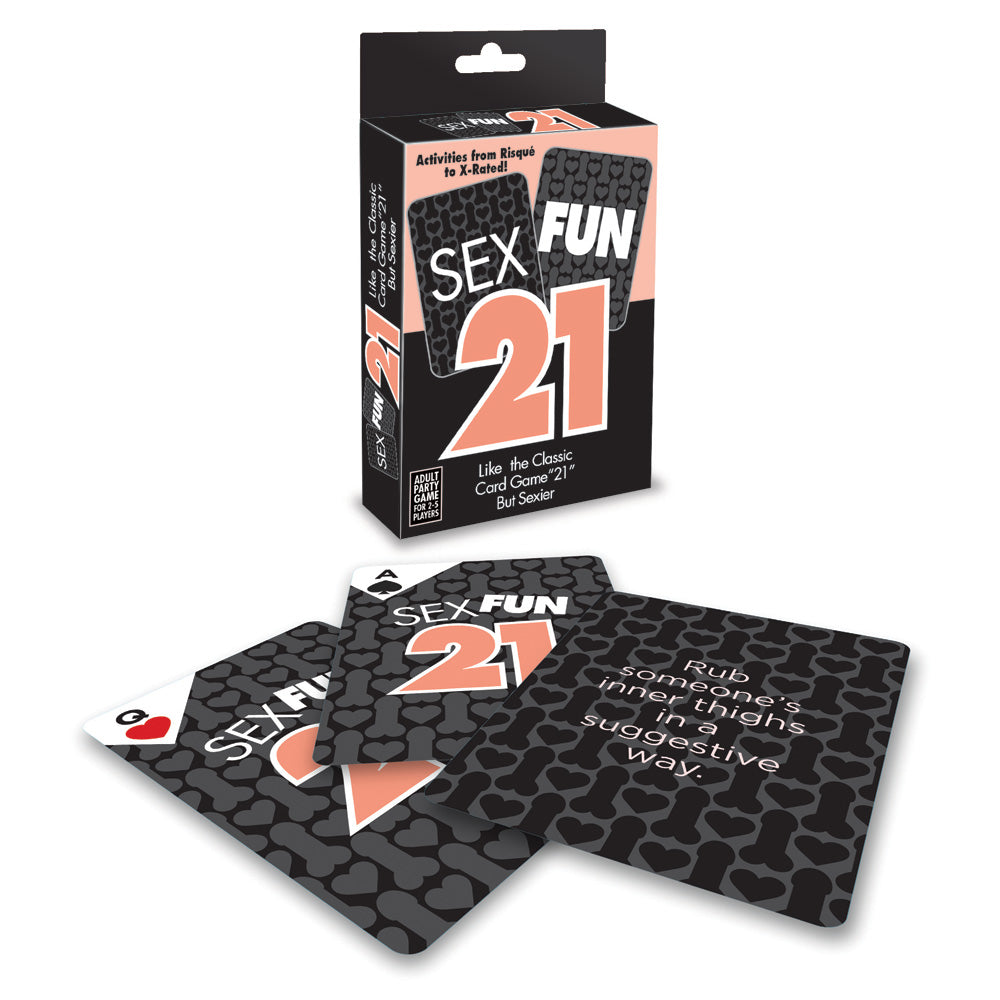 Sex Fun 21 Blackjack Adult Card Game packaging and cards showcasing playful and risqué activities.