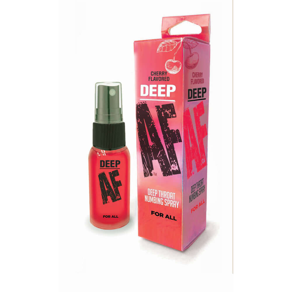 Deep Af Numbing Throat Spray Cherry bottle and packaging, cherry flavored throat numbing spray for oral intimacy.