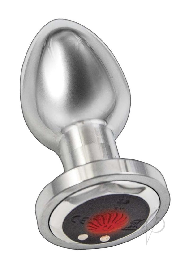 Ass-Sation Vibrating Metal Anal Plug with Remote Silver showcasing its polished design and remote control features.