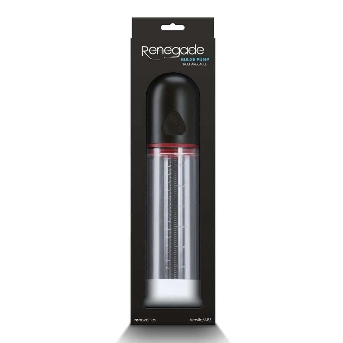 Renegade Bulge Rechargeable Penis Pump Black packaging showcasing innovative suction technology.