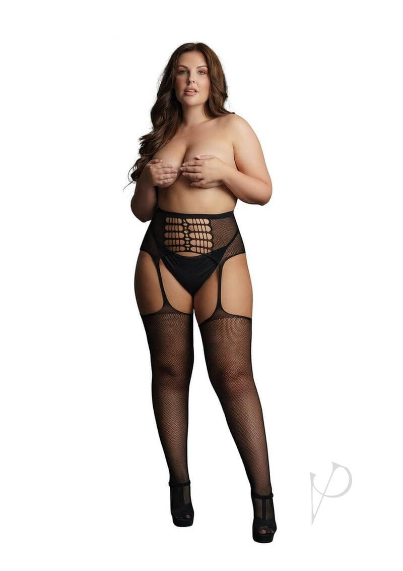 Le Desir High-Waist Garterbelt Stockings Plus Size Black showcased on a confident model, emphasizing edgy hosiery design.