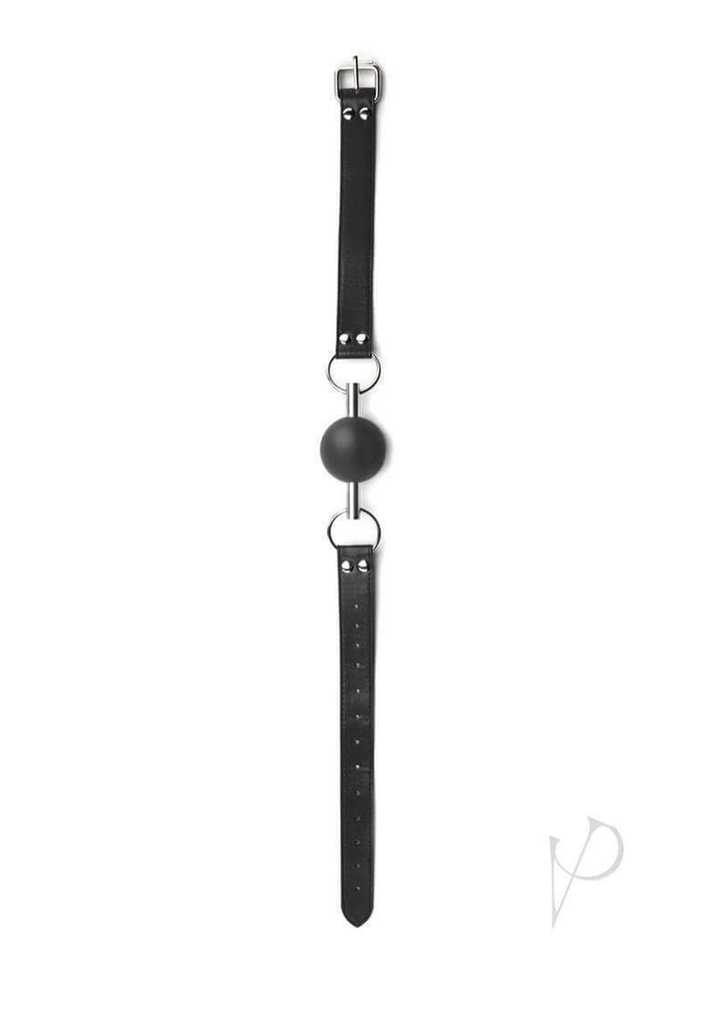 Ouch Solid Ball Gag with Bonded Leather Straps Black displayed against a neutral background.