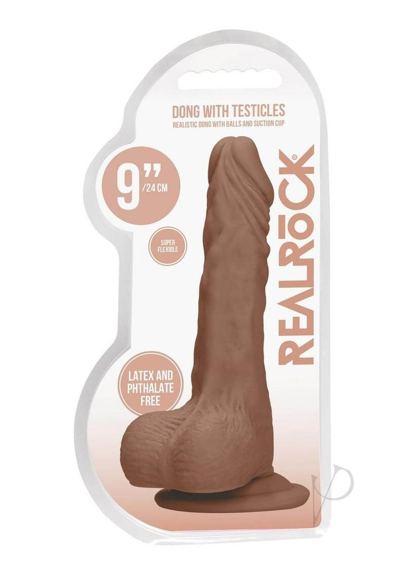RealRock Skin Realistic Dildo with Balls 9 inch Caramel packaging showcasing a lifelike brown dildo with testicles.