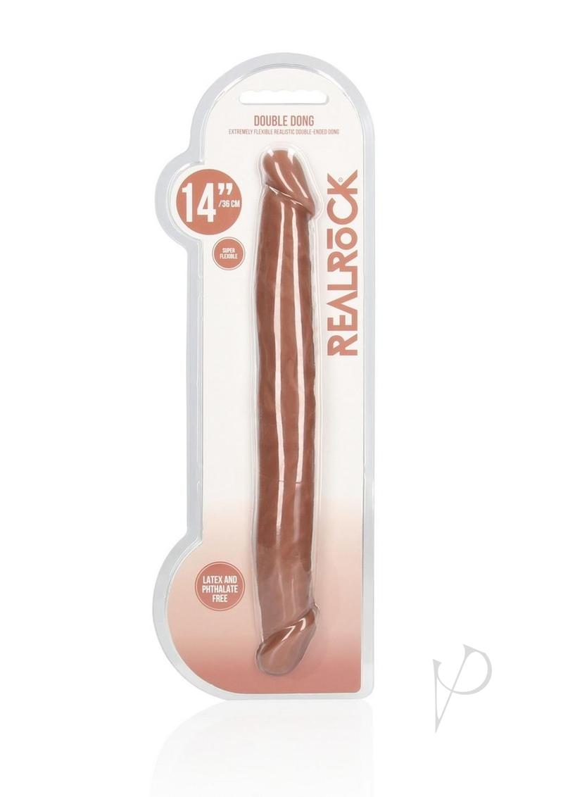 RealRock Skin Realistic Double Dildo 14 inch Caramel packaging with warm caramel color and realistic detail.