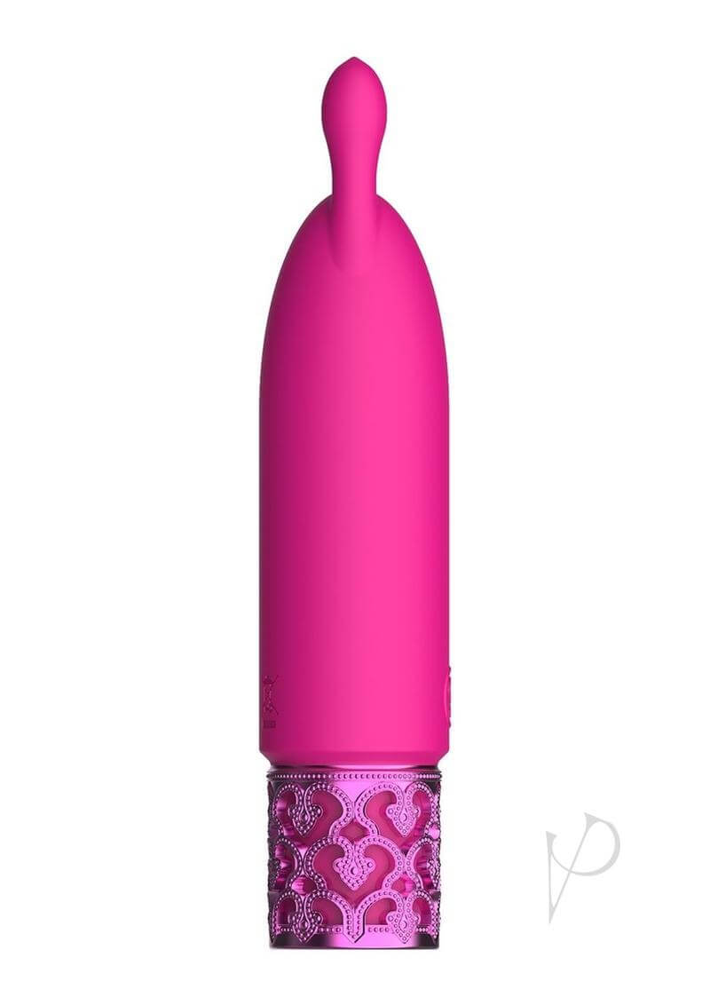 Royal Gems Twinkle Silicone Rechargeable Bullet Pink on a white background, showcasing its elegant design and powerful motor.