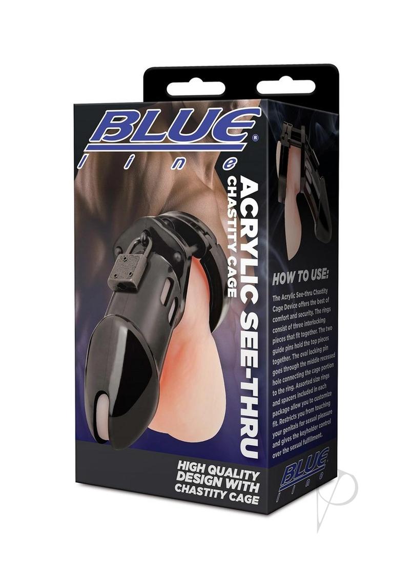 Acrylic See-thru Chastity Cage Black packaging showcasing its sleek design and features, perfect for power exchange play.