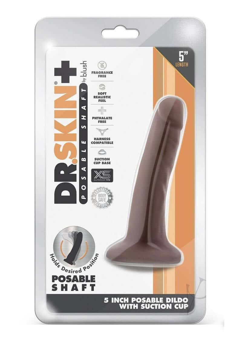 Dr Skin Plus Posable Dildo 5 inches Brown packaging featuring realistic design and suction cup base.