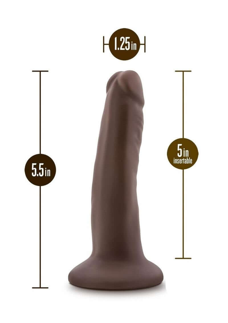 Dr Skin Plus Posable Dildo 5 inches Brown shown with size dimensions of 5.5 inches tall and 1.25 inch width.