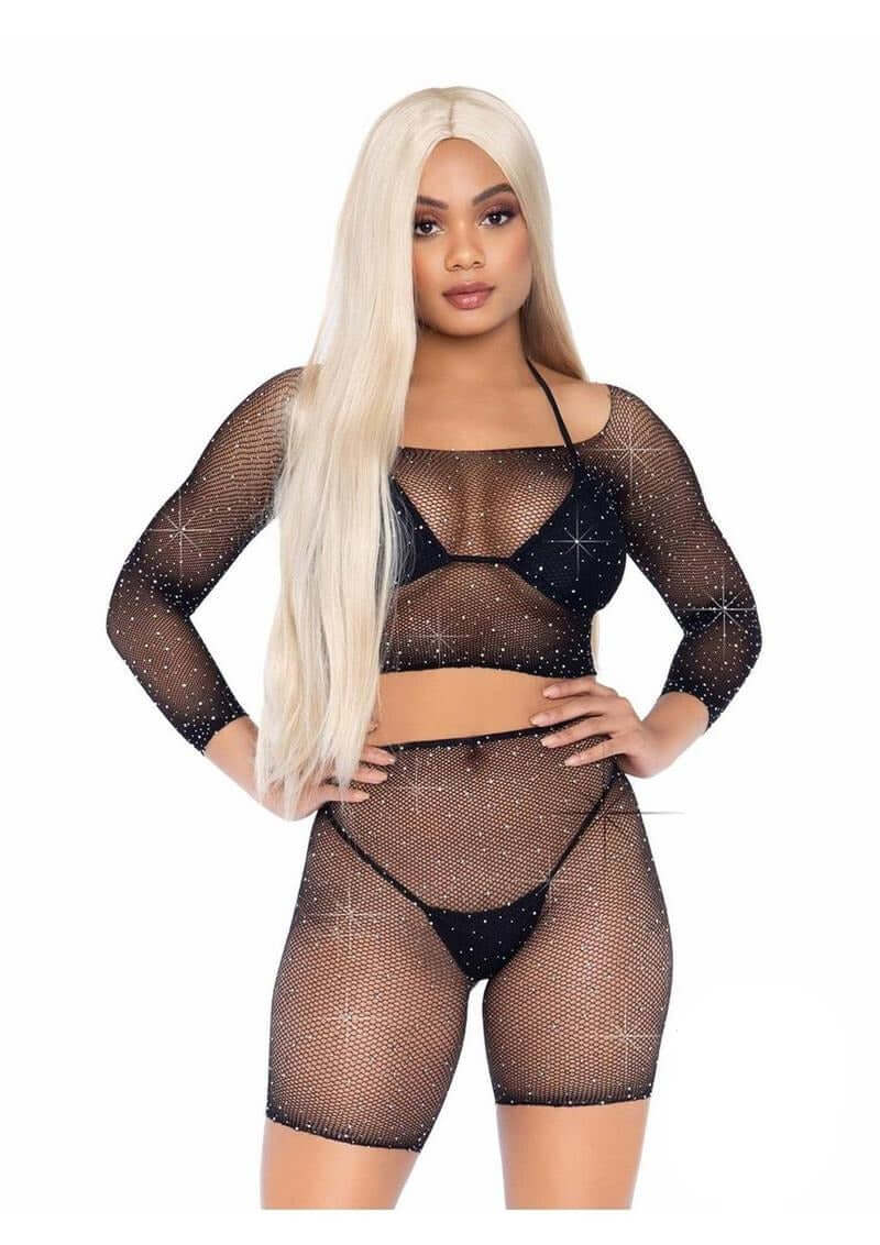Leg Avenue Rhinestone Fishnet Long Sleeve Crop Top & Shorts Black worn by a model, showcasing sparkling rhinestone accents.