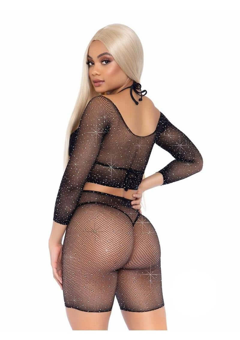 Leg Avenue Rhinestone Fishnet Long Sleeve Crop Top & Shorts Black showcased on a model from the back, featuring sparkly rhinestones.