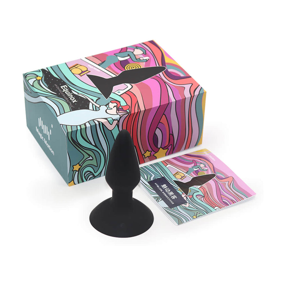 Magic Motion Equinox App Controlled Anal Vibrator in black with colorful packaging and instruction booklet.