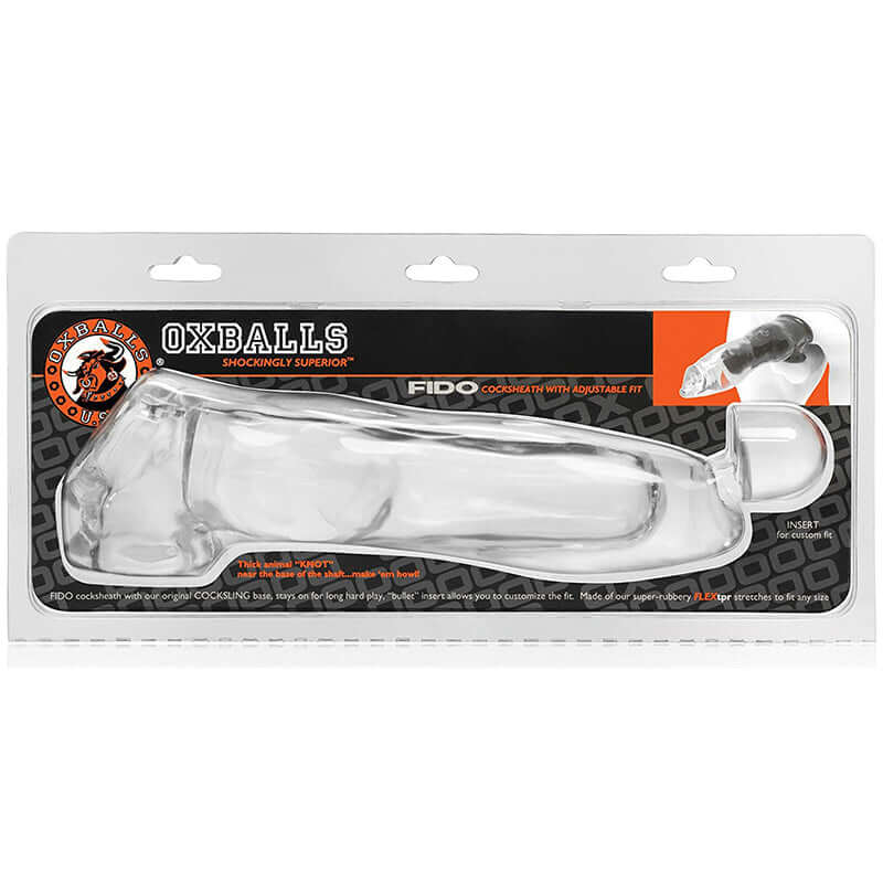 Fido Animal Knot Style Cock Sheath TPR Clear from Oxballs packaging image with clear material and unique design.