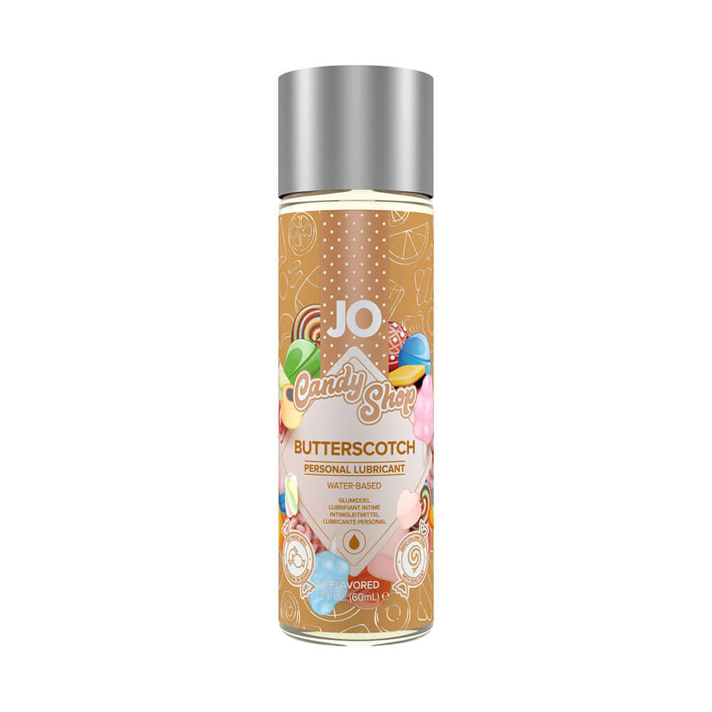 JO Candy Shop Butterscotch Water-Based Lubricant 2 Oz bottle with colorful candy design, enhances intimate moments.