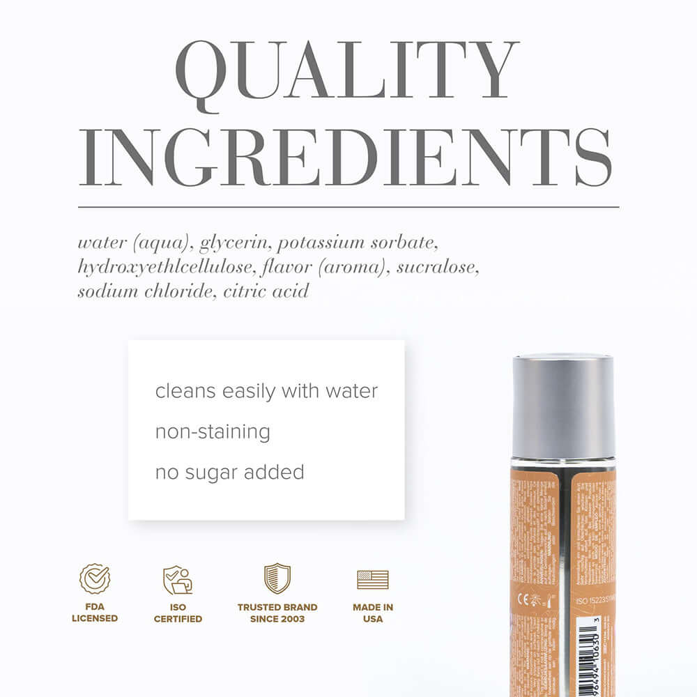 Ingredients list for JO Candy Shop Butterscotch Water-Based Lubricant 2 Oz, highlighting quality components and features.
