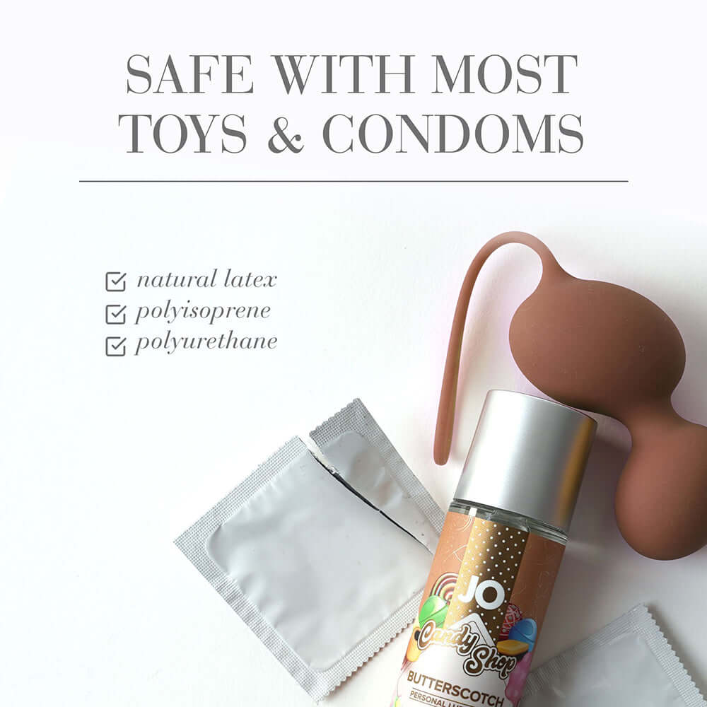 JO Candy Shop Butterscotch Water-Based Lubricant 2 Oz with safe for toys and condoms information.