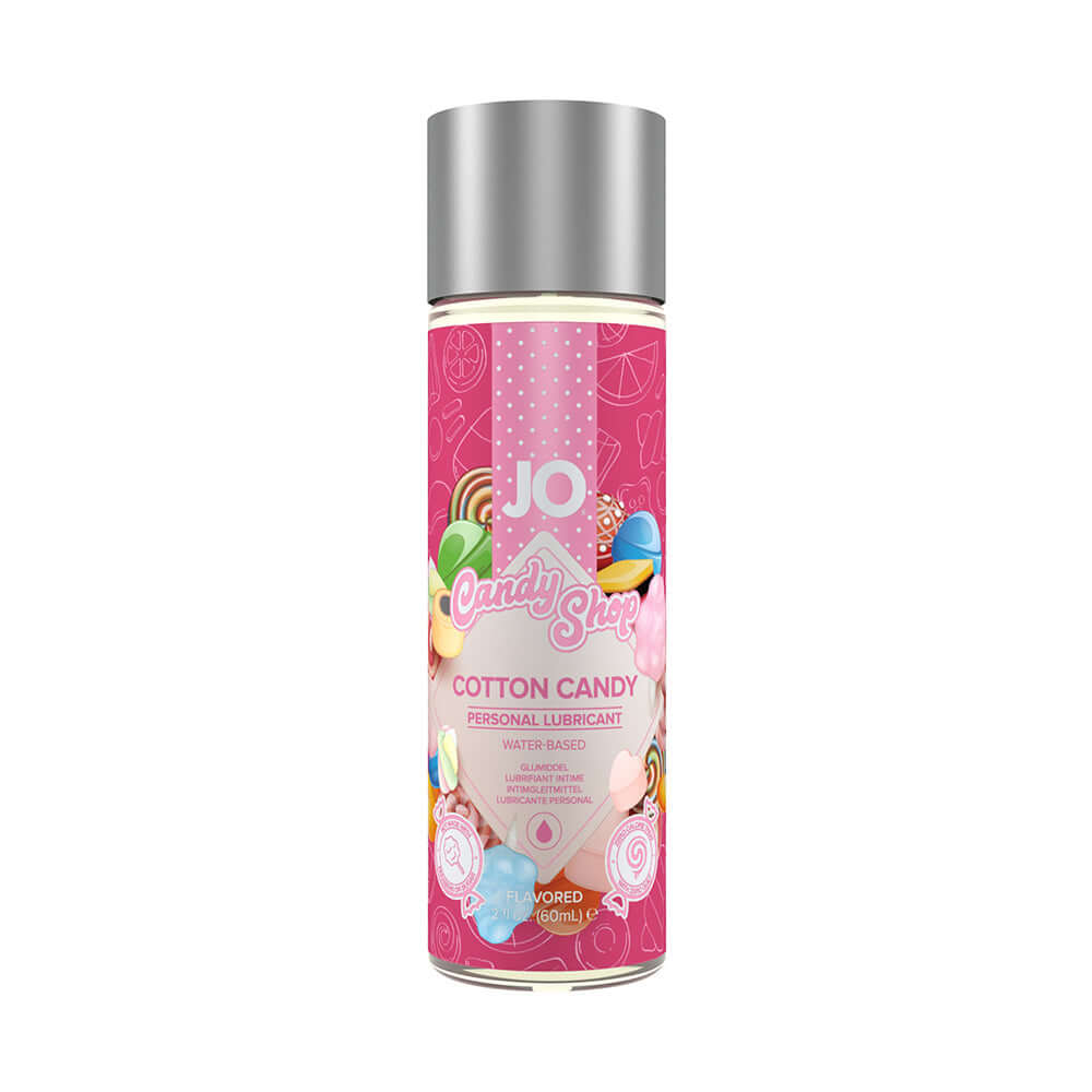 JO Candy Shop Cotton Candy Water-Based Lubricant 2 Oz bottle featuring colorful candy design.