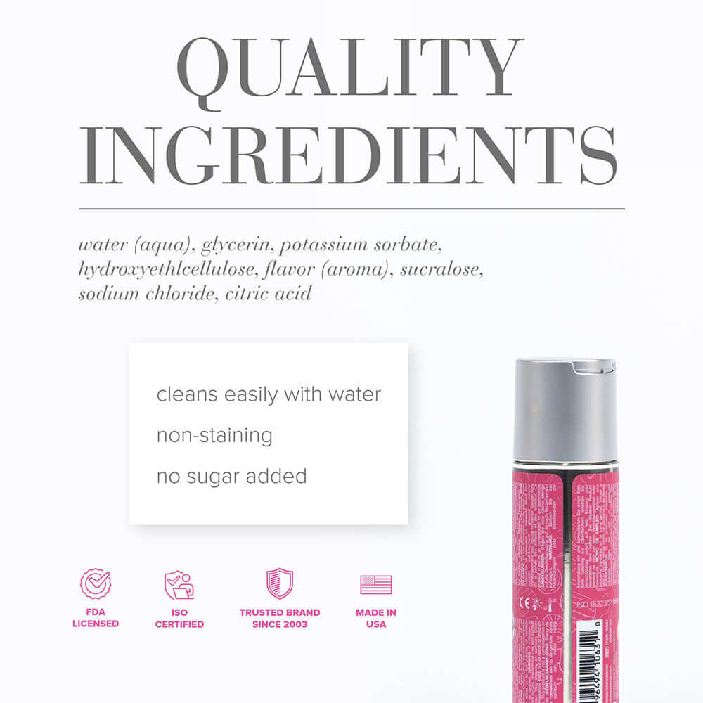 Quality ingredients of JO Candy Shop Cotton Candy Water-Based Lubricant 2 Oz including water, glycerin, and sucralose.
