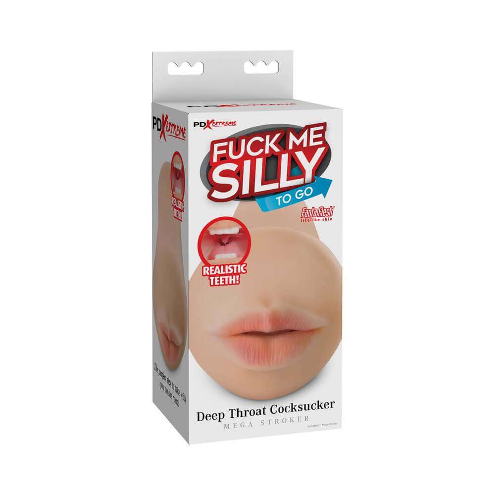 PDX Fuck Me Silly To Go Deep Throat Cocksucker packaging featuring realistic mouth design for enhanced pleasure.