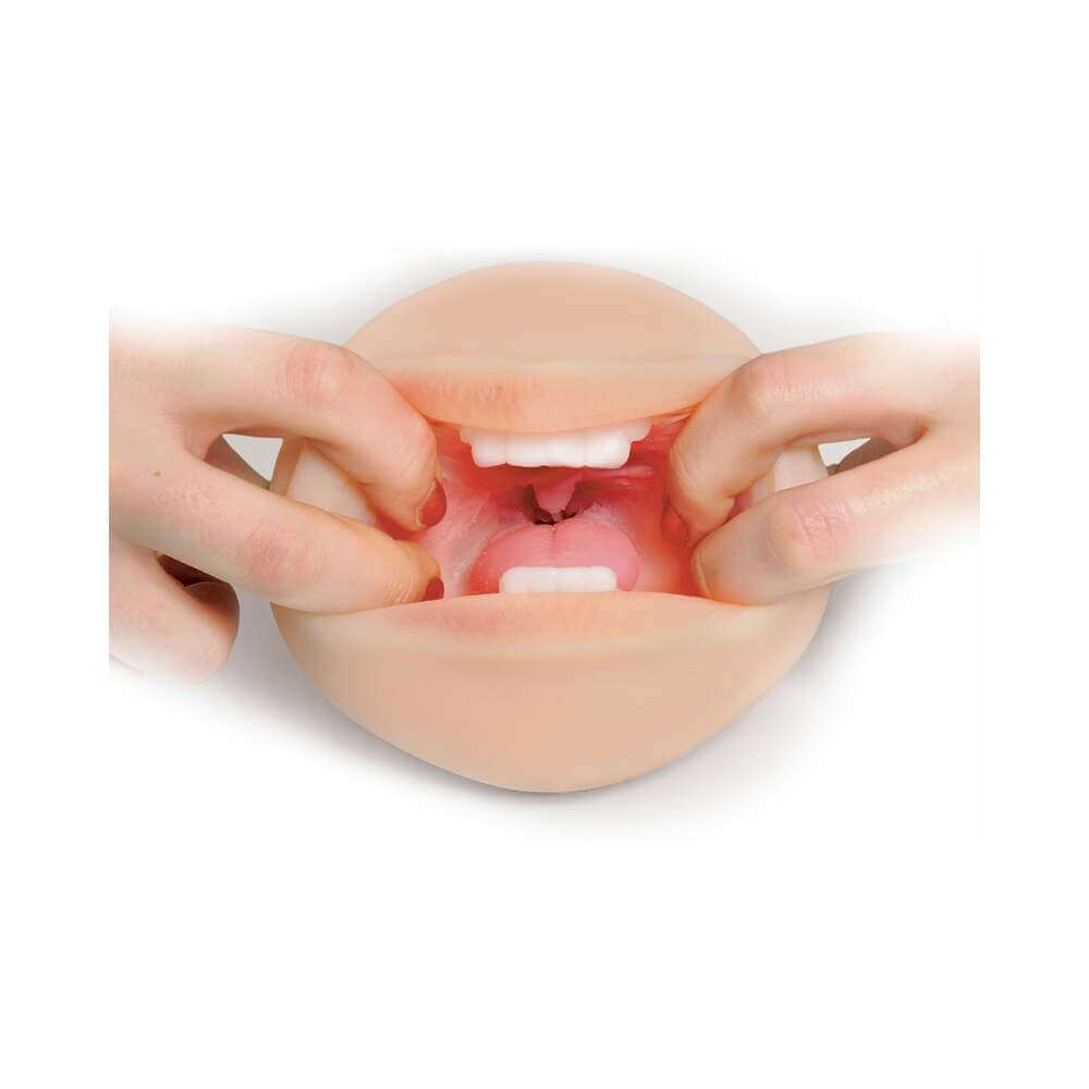 PDX Fuck Me Silly To Go Deep Throat Cocksucker realistic stroker with hands demonstrating opening and texture.