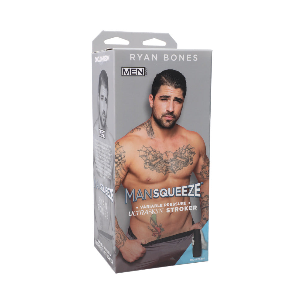 Man Squeeze Ryan Bones ULTRASKYN Ass Stroker Vanilla packaging featuring Ryan Bones and product details.