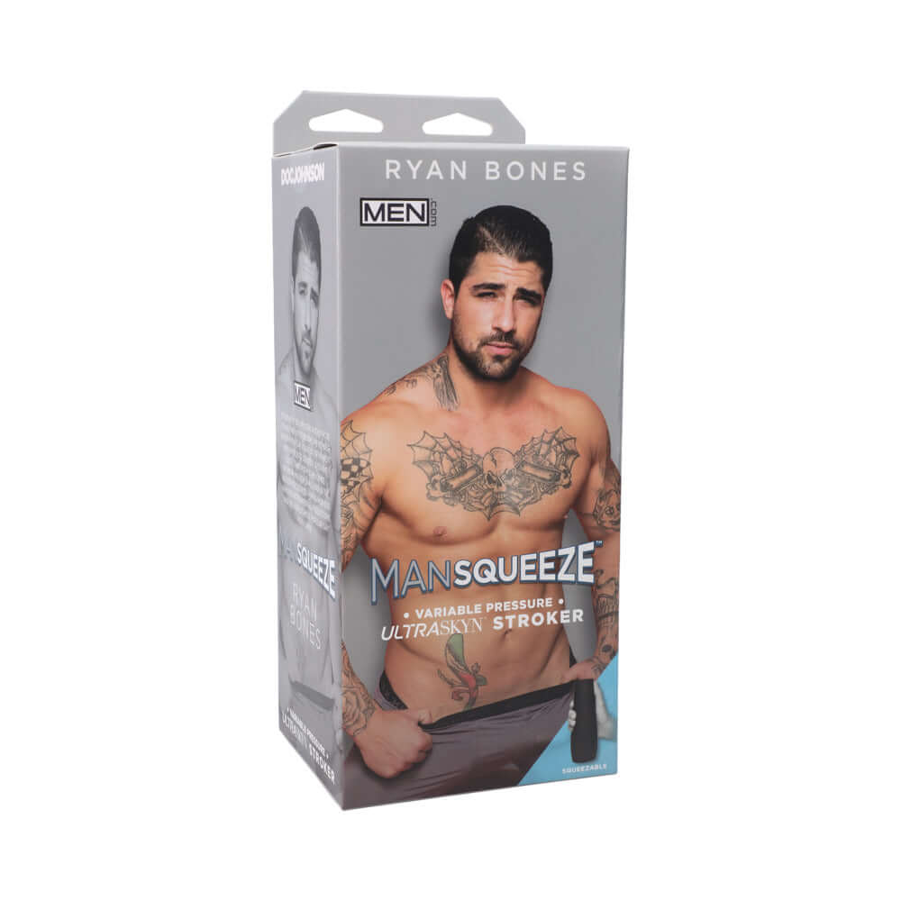 Man Squeeze Ryan Bones ULTRASKYN Ass Stroker Vanilla packaging featuring Ryan Bones and product details.