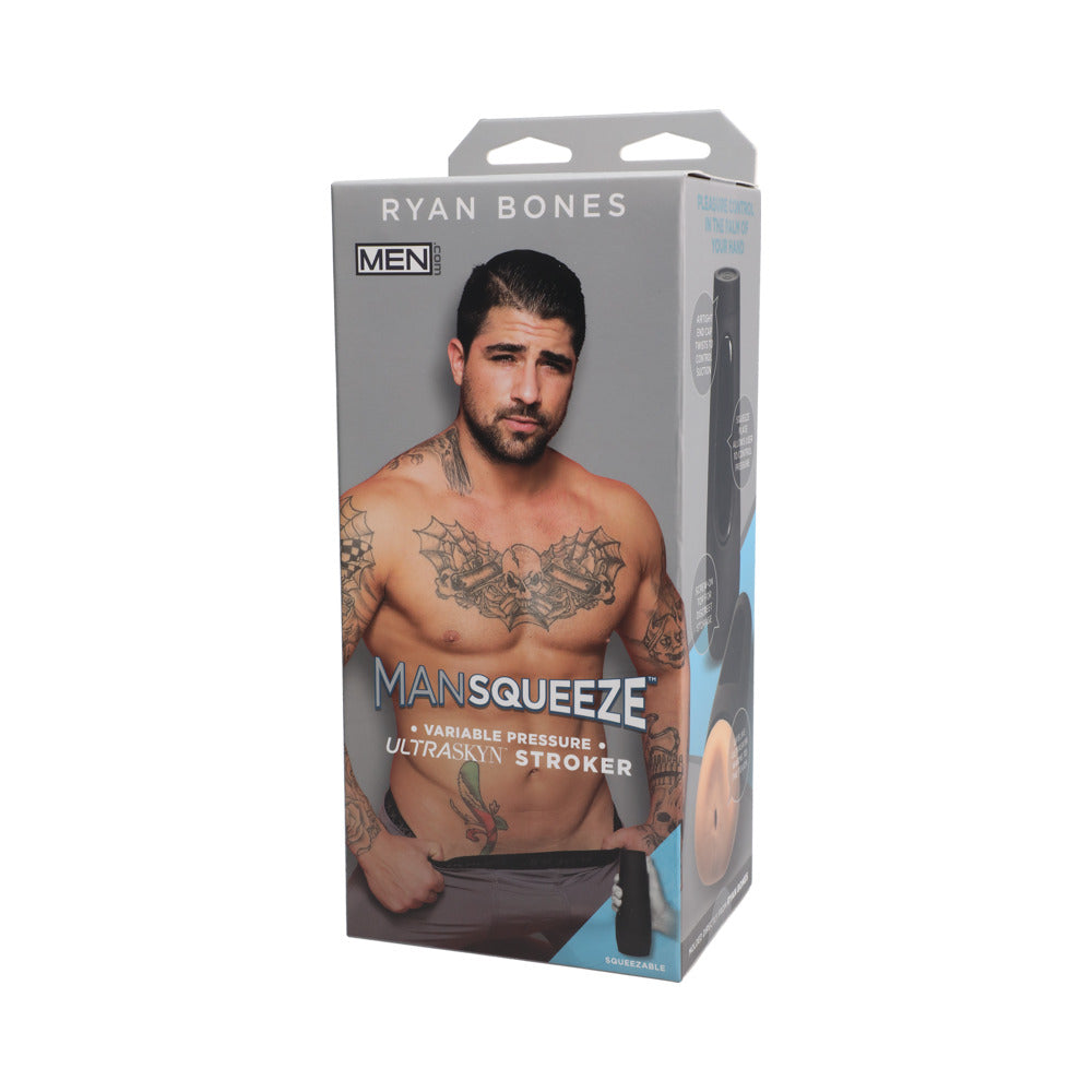 Man Squeeze Ryan Bones ULTRASKYN Ass Stroker Vanilla packaging showcasing variable pressure stroker design.