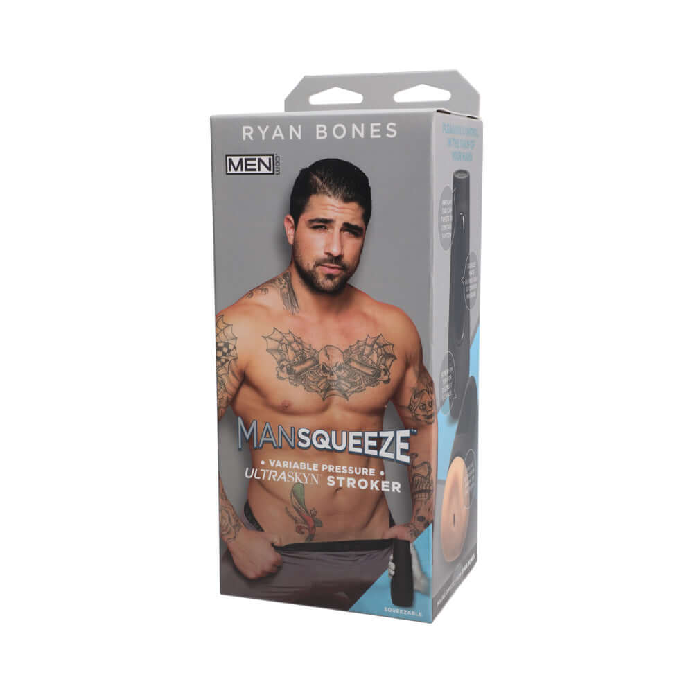 Man Squeeze Ryan Bones ULTRASKYN Ass Stroker Vanilla packaging showcasing variable pressure stroker design.