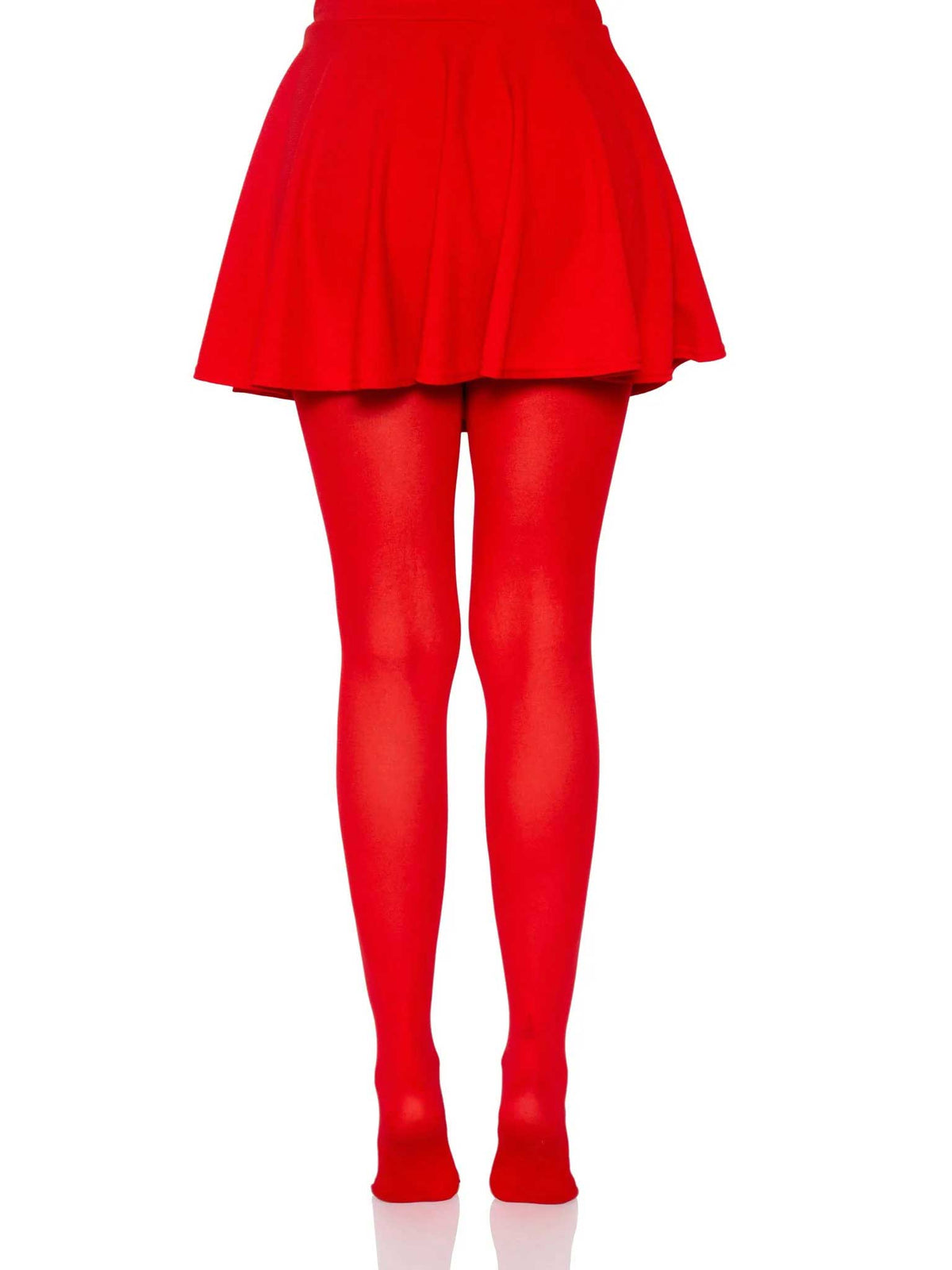 Leg Avenue Ari Nylon Tights One Size Red showcased with a short red skirt for a bold fashion statement.