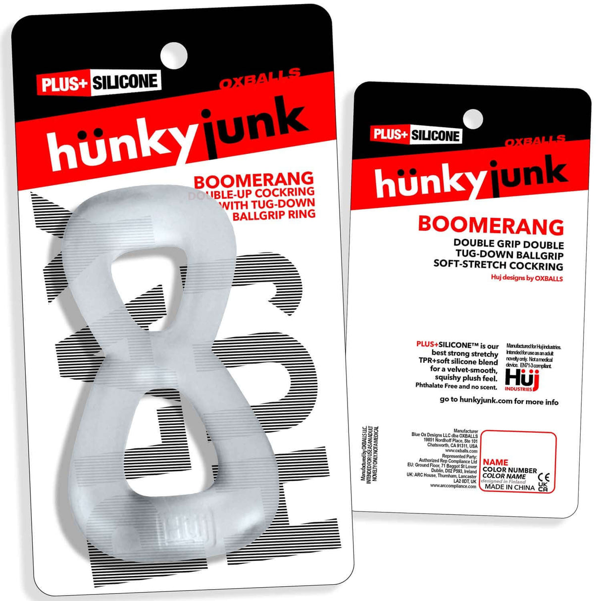 Oxballs Boomerang Double-Ring Cockring & Nut-Tugger Clear Steam packaged design featuring a soft rubbery multi-play cockring.