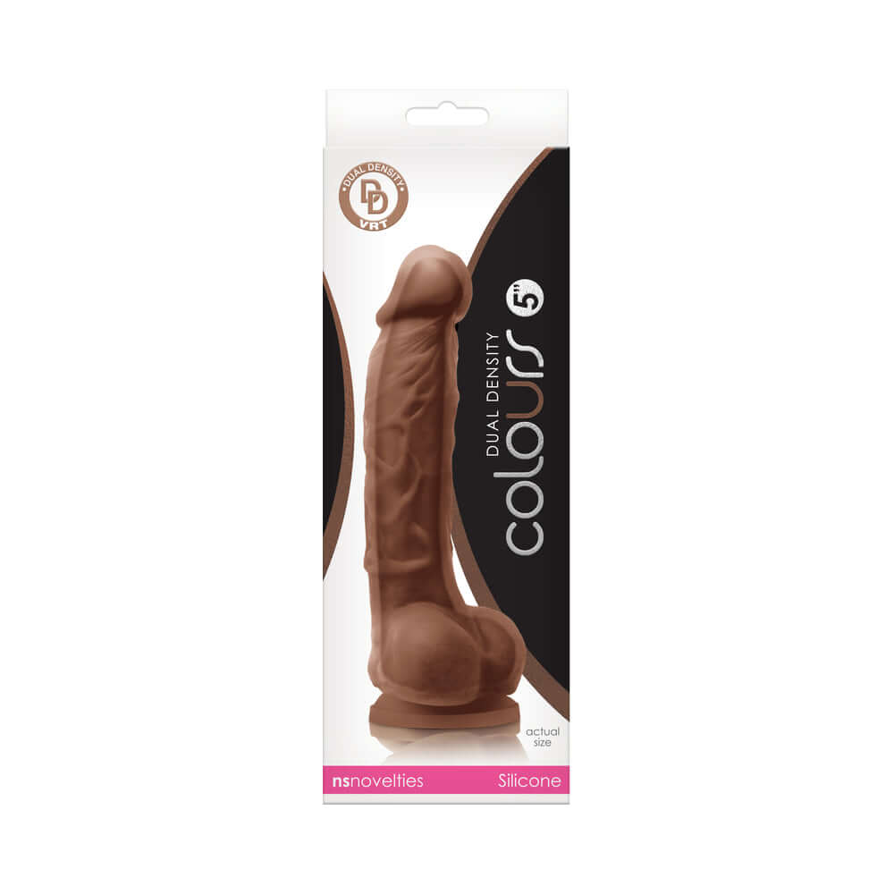 Colours Dual Density 5 inches Dildo Brown in packaging, featuring a realistic design with soft silicone and firm core.