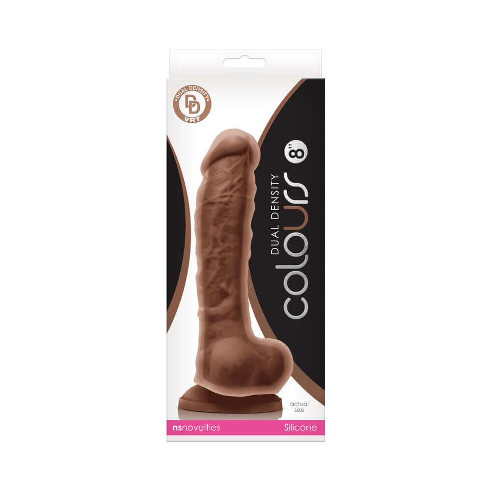 Colours Dual Density 8 inches Dildo Brown in packaging, showcasing its realistic design and dual-density features.
