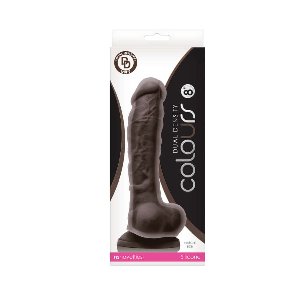 Colours Dual Density 8 inches Dildo Dark Brown packaging featuring a realistic design and dual-density material.
