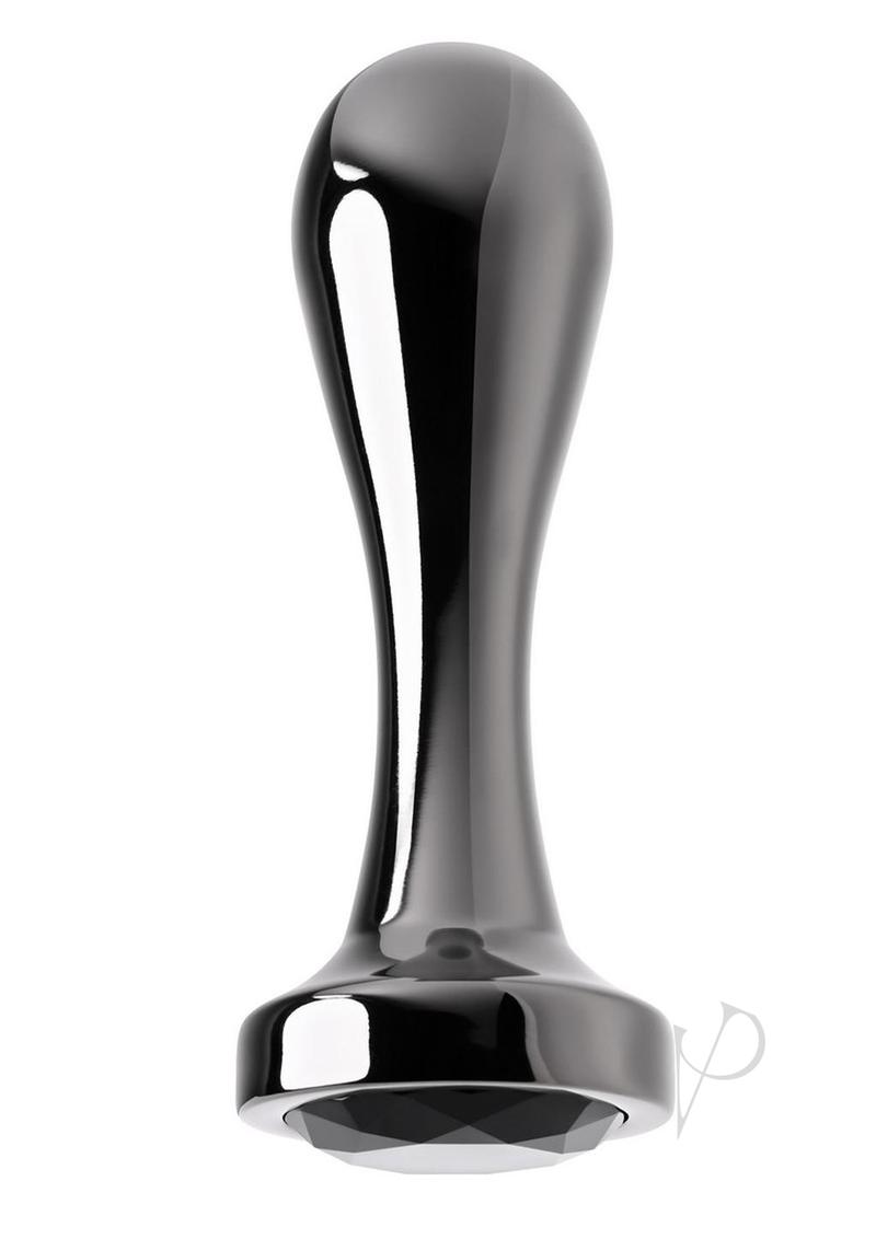 Gender X Black Pearl Aluminum Anal Plug Smoke with a sleek gunmetal finish and sparkling black gem base.