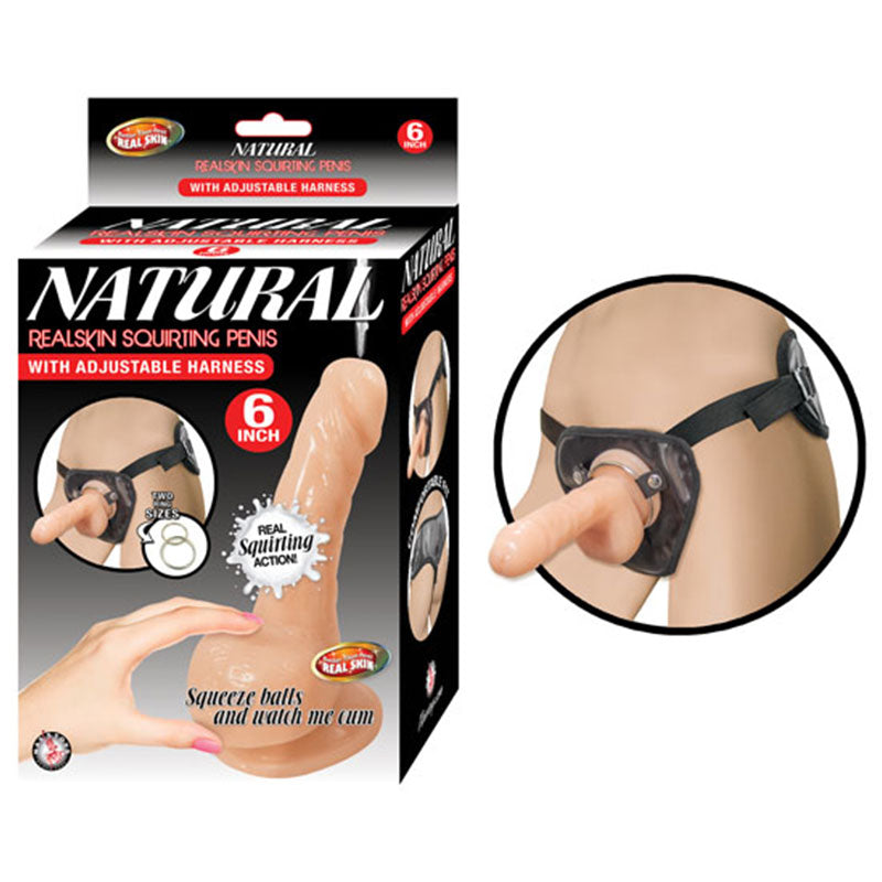 Natural Realskin Squirting Penis W/Adjustable Harness 6 inches Flesh