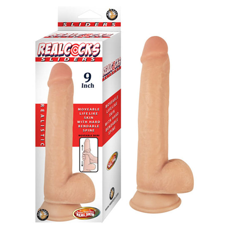 Realcocks Sliders 9 inches Moveable Skin Bendable Harness Compatible Suction Cup Base Flesh
