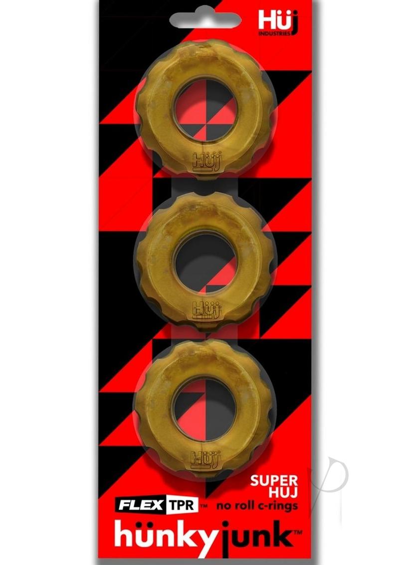 Hunkyjunk HUJ Cockrings (3 Pack) Bronze Metal showcased in a vibrant packaging with a red and black design.